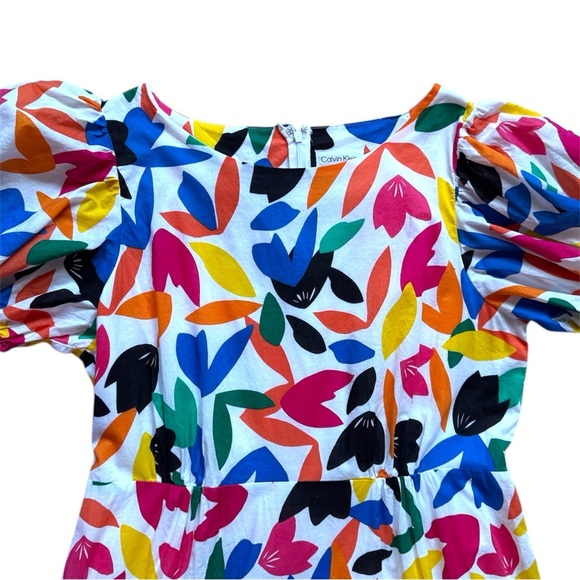 Calvin Klein Colorful Feather Printed Puff-Sleeve Midi Dress Women’s Size 14 - Picture 5 of 11